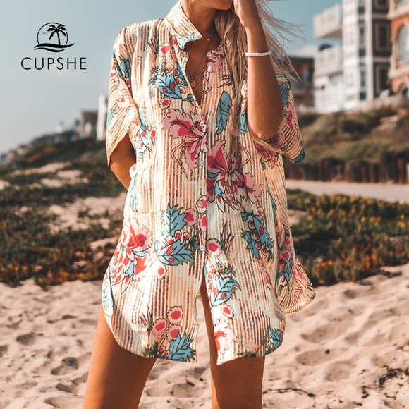 CUPSHE Retro Floral Shirt Cover Up for Swimsuit